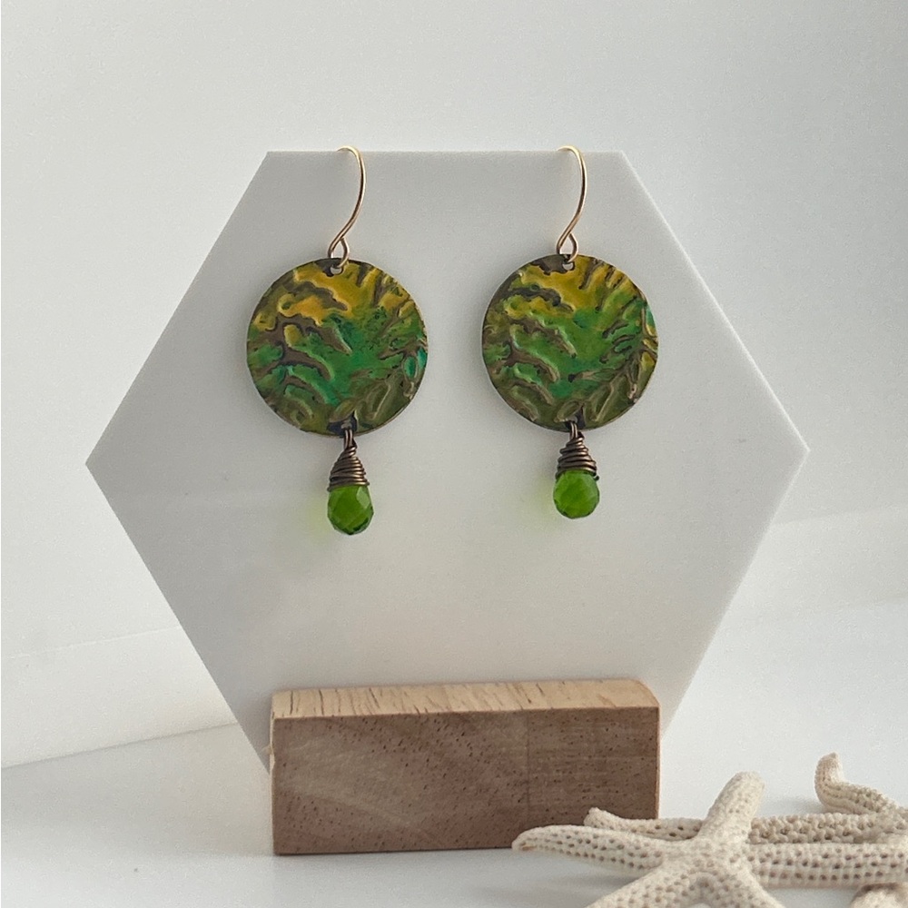 Botanical Green Ferns Gold Earrings with Teardrop Peridot Accents